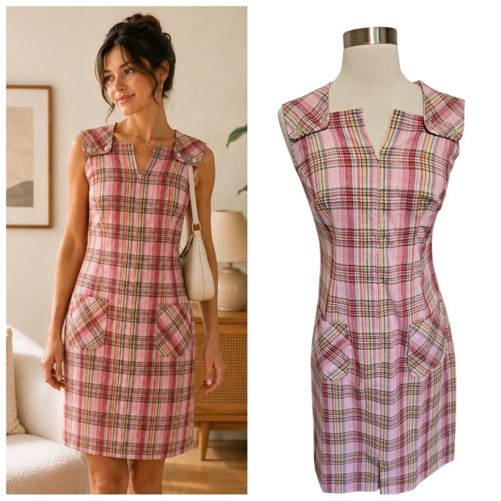 Vintage 1960s Pink Plaid Shift Dress Mod‎ Sleeveless Zip Front Madras Handmade